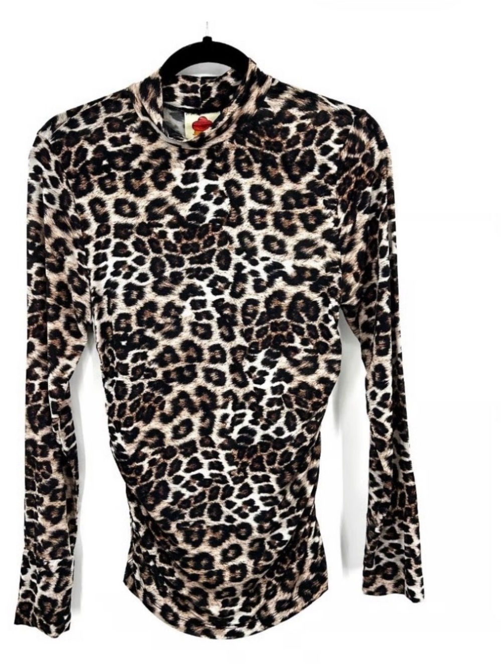FARM RIO Brown Black Leopard Print Ruched Side Jersey Mock Neck Top